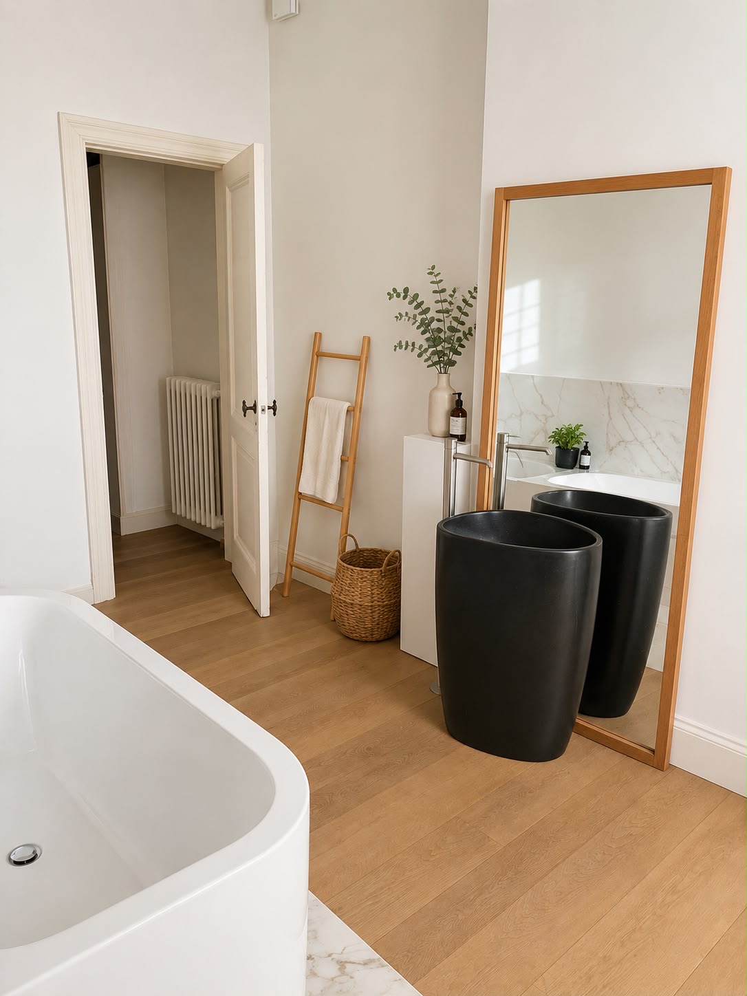 Badkamer met vrijstaand bad en dubbele staande lavabo's