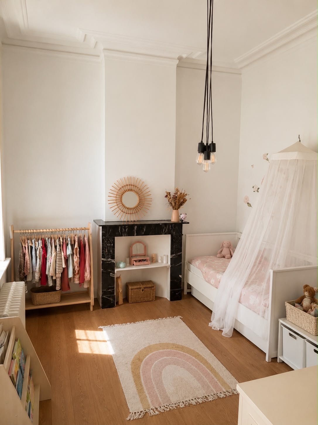 Kinderkamer met zwart marmeren schouw