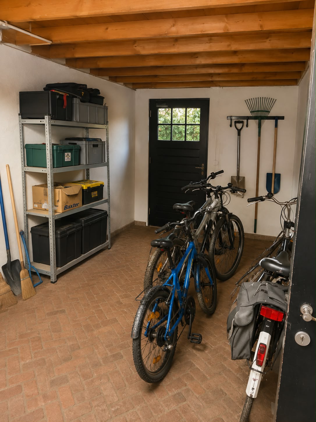 Garage met fietsen en tuingereedschap