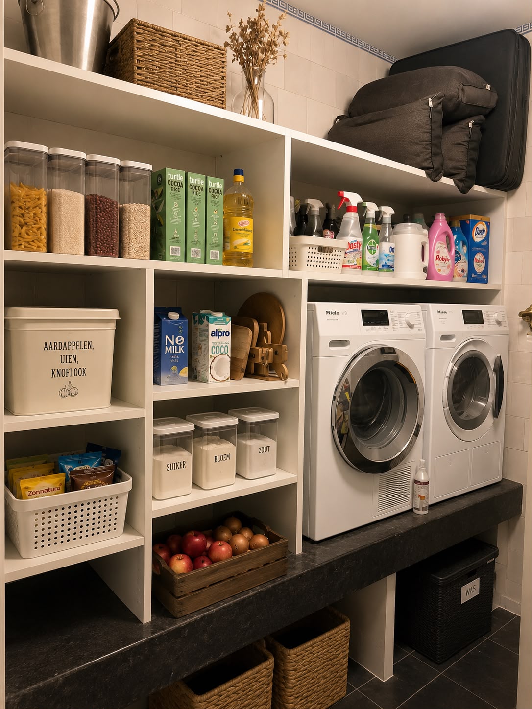 Bijkeuken met voorraadkasten en wasruimte