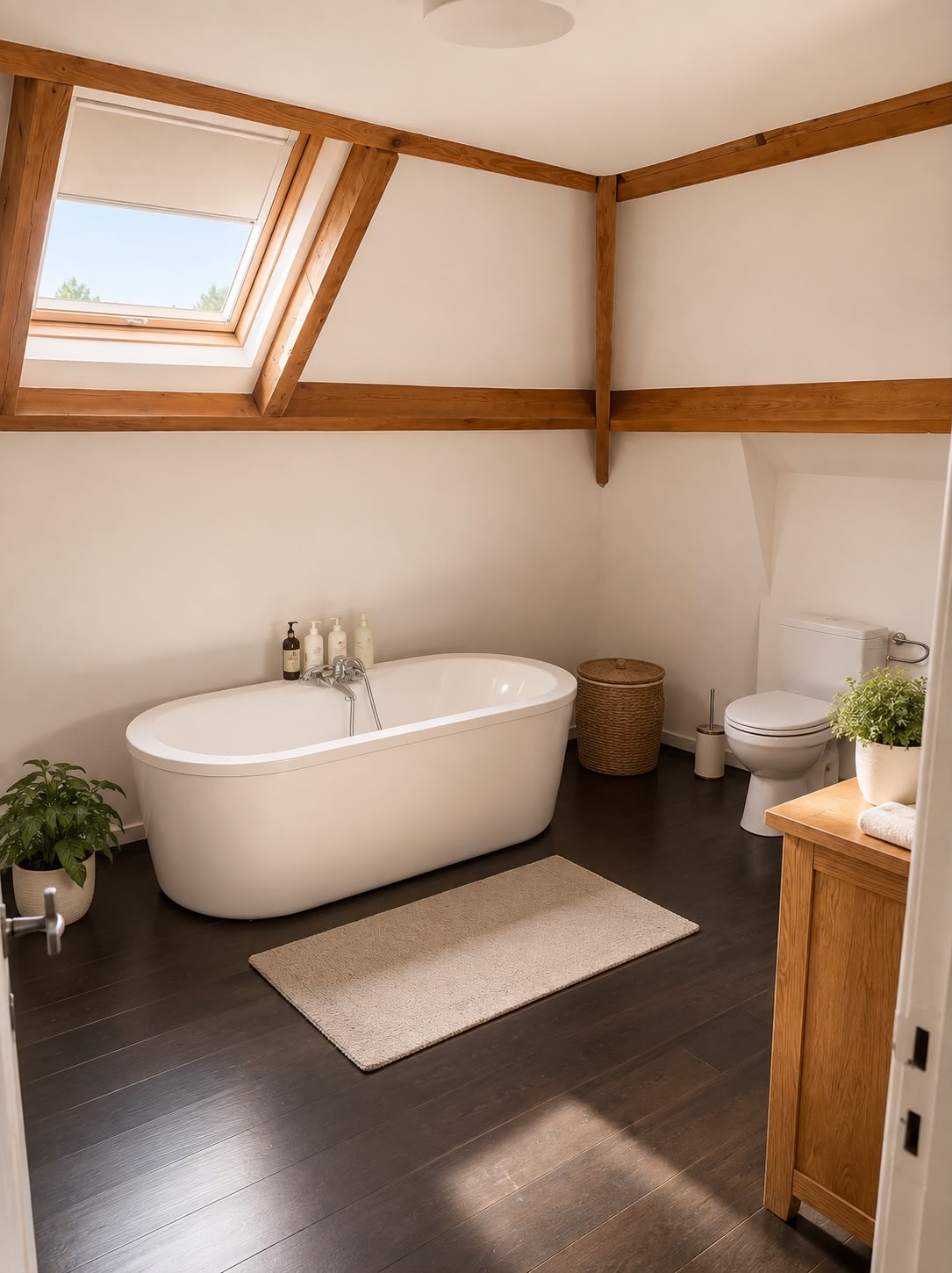 Badkamer onder het dak met vrijstaand bad