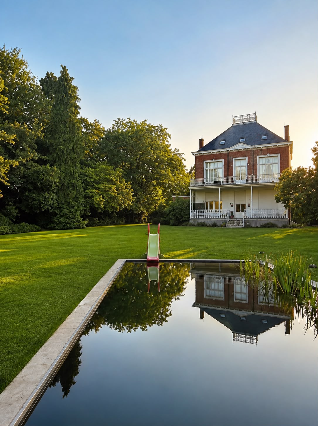 Het huis weerspiegeld in de zwemvijver