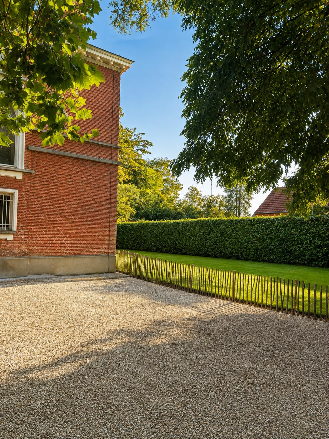 Gevel met gazon, haag en grindoprit